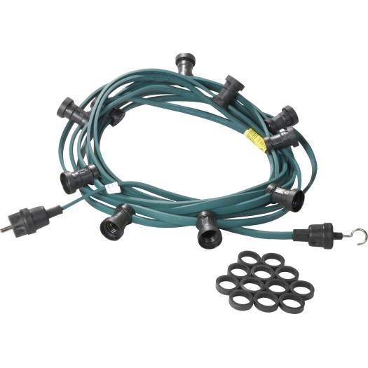 Gemonteerde prikkabel 10m 10 fittingen E27 maximaal 40W per lamp groen 2x1,5mm2 met stekker, haak en lampafdichtingen, zonder lampen
tussen de stekker en de eerste fitting zit ca 1 meter kabel